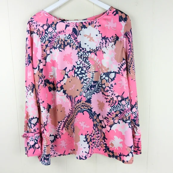 Talbots Floral Top Women Size 1X Multicolor Button Up Back Long Bell Sleeves - Picture 11 of 11